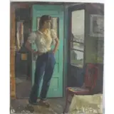 O/C of Woman Peering through Door by Joseph Newman, sold Sep 2011