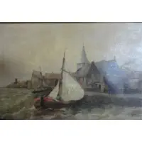Pietro Toretti, O/C Coastal Seascape with Ship Village