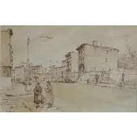 Isaac Holtz, Lower East Side NYC Street Scene with 2 Figures, Ink & Wash
