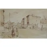 Isaac Holtz, Lower East Side NYC Street Scene with 2 Figures, Ink & Wash