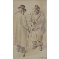 Isaac Holtz, Two Men Conversing, Ink & Wash