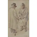 Isaac Holtz, Two Men Conversing, Ink & Wash
