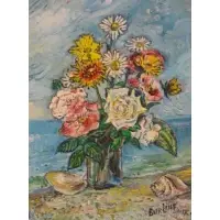 David Burliuk, O/C Seaside Still Life with Bouquet & Shell
