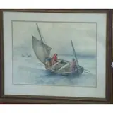 Georges Jean-Marie Haquette, c.1900 W/C Fishermen Pulling Nets into Sailboat