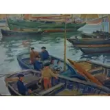 Harry Farlow, Harry Farlow, American, 1882-1956, Oil on Panel Fishermen in Boats Signed LL