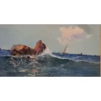 Clarence Braley, Untitled, Watercolor of Boats Under Blue Skies