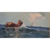Clarence Braley, Untitled, Watercolor of Boats Under Blue Skies