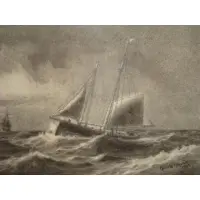 Clark T Oliver, Appears to be charcoal or pencil with white gouache, 1887 Mixed Media of Sailing Ship in Stormy Seas