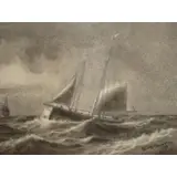 Clark T Oliver, Appears to be charcoal or pencil with white gouache, 1887 Mixed Media of Sailing Ship in Stormy Seas