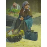 Erno Nagy, Ern?? Nagy, Hungarian, 1886-1951, Oil on Panel Peasant Women in Market Signed lower right