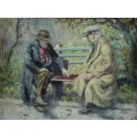 Monroe Reisman, The Checkers Game, Oil on Board