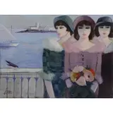 Charles Levier, Three Women on a Pier, Oil on Canvas