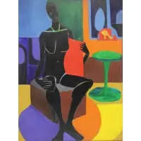 Dindga McCannon, Seated Nude in Interior, Acrylic on Canvas