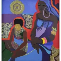 Dindga McCannon, Two Woman in Interior, Acrylic & Collage on Canvas