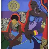 Dindga McCannon, Two Woman in Interior, Acrylic & Collage on Canvas