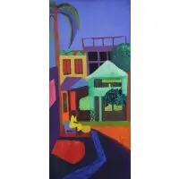 Dindga McCannon, Woman Seated in Front of House, Acrylic on Canvas