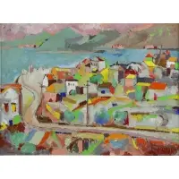 Jovan Obican, Coastal Village Landscape, Oil on Canvas