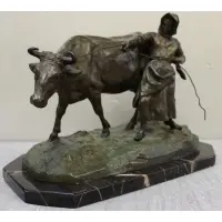 Charles Valton (French, 1851 - 1918) by Charles Valton, Patinated Bronze Sculpture of a Woman and a Cow, sold Oct 2015