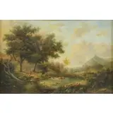 S. Oil on Canvas Lee, River Landscape with Figures and Animals