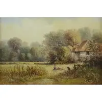 Laszlo Ritter, English Cottage with Figures, Oil on Canvas