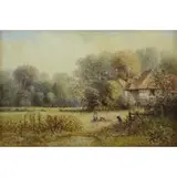 Laszlo Ritter, English Cottage with Figures, Oil on Canvas