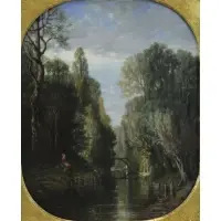 Victor Daulnoy, River with Figures and Bridge, Oil on Canvas