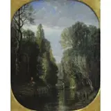 Victor Daulnoy, River with Figures and Bridge, Oil on Canvas