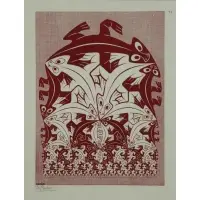 M. C. Escher, Regular Division of the Plane VI, Woodcut in Red