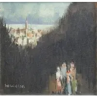 Distant Cityscape with Figures by Sol Wilson, Oil on Canvasboard, sold Dec 2014