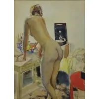 Fedor Rojankovsky, Standing Nude in Studio, Paris, Watercolor