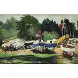 Haley Lever, Yacht Building, City Island, 1946, Oil on Wood Panel "Yacht Building, City Island" 1946