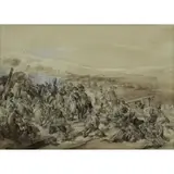 Joseph L Bellange, The Crossing of the Berenzia, H. "The Crossing of the Berenzia" Sepia wash and charcoal heightened with white on paper