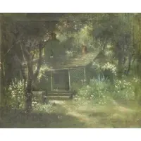 George W. King, Garden Landscape with Figure and Dog, Oil on Canvas