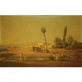 Guillaume-Charles Brun, Orientalist Landscape with Figures, Camels and Mosque, Oil on Wood