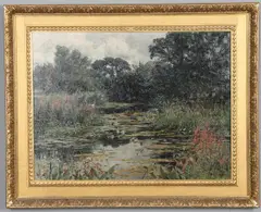 Frank Richards, Summer River Landscape With Reeds And Water Lilies, oil on canvas