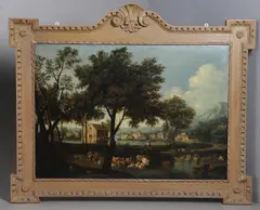 Figures And Cattle Beside A Lake With A Village Beyond by Francesco Zuccarelli, Oil on canvas, sold Jun 2026