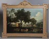 Francesco Zuccarelli, Figures And Cattle Beside A Lake With A Village Beyond, Oil on canvas
