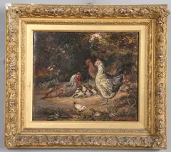 William Huggins, Hens And Their Chicks In A Wooded Clearing, Oil on canvas