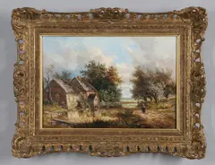Joseph Thors, Village Scene With A Woman On A Track Beside A Duckpond, oil on canvas