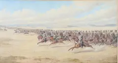 Richard Simkin, Cavalry Charge By The Hussars In An Open Desert Landscape, watercolour and gouache heightened with white