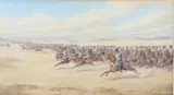 Richard Simkin, Cavalry Charge By The Hussars In An Open Desert Landscape, watercolour and gouache heightened with white
