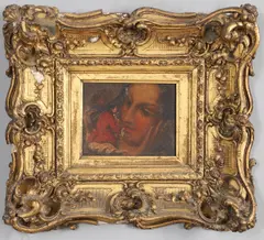 The Dream, Study Of A Man Wearing A Red Jacket, His Hands Clasped, With A Vision Of A Young Girl, Her Left Hand On Her Cheek by Edward Calvert, Oil on panel, sold Jun 2026