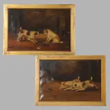 Frank Wormald Cassell, Terriers Ratting In A Barn; Terriers Observing A Rat In A Cage, A Pair, Oil on canvas