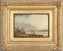 Daniel Turner, Thames View With St Paul's In The Distance And Figures Unloading A Barge In The Foreground, oil on panel