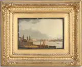 Daniel Turner, Thames View With St Paul's In The Distance And Figures Unloading A Barge In The Foreground, oil on panel
