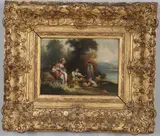 Jean-Antoine Watteau, Shepherdesses Resting With A Flock By A Lake, Oil on panel