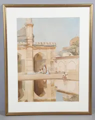 John Varley, Figures Before A Temple, India, watercolour on paper