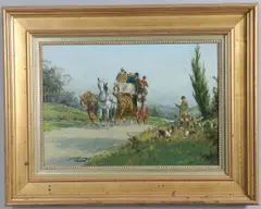 George Wright, “A Long Pull And A Break” A Coach And Four On A Country Road With A Huntsman And Hounds Nearby, oil on canvas
