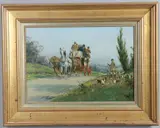 George Wright, “A Long Pull And A Break” A Coach And Four On A Country Road With A Huntsman And Hounds Nearby, oil on canvas