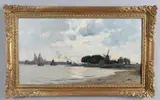 Edmund Aubrey Hunt, Dutch Estuary Scene With Boats Beside A Windmill, oil on canvas